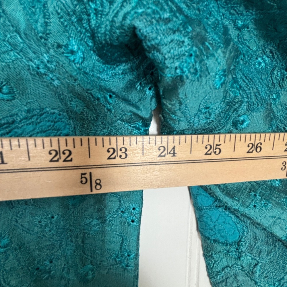 Vintage Chico's Teal Floral Button Up Blouse L Butterfly Silk Artsy Boho Retro - Picture 7 of 10